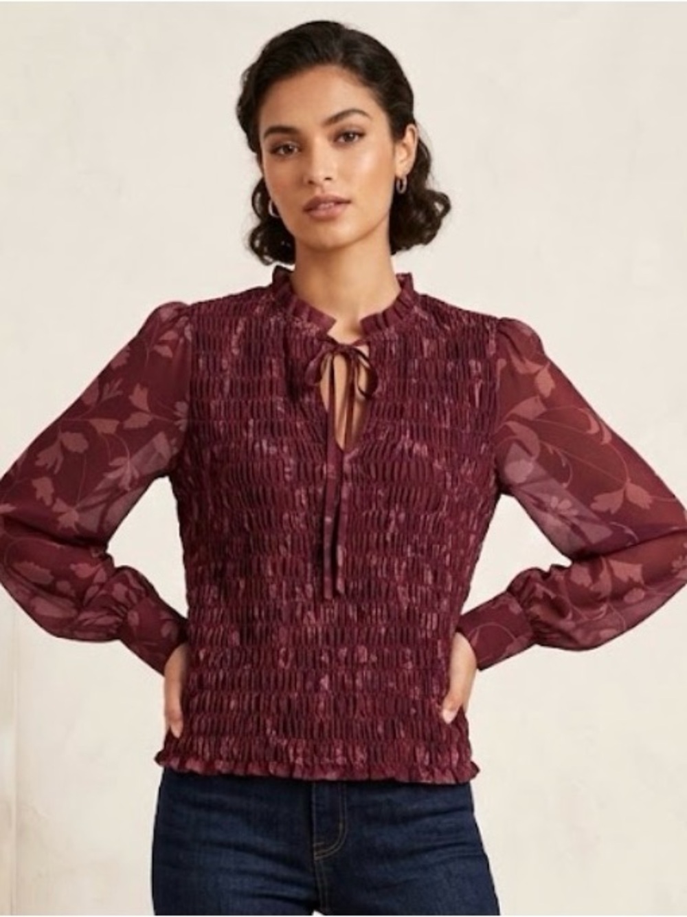 Sanctuary Smocked Tie-Neck Long Sleeve Blouse - Rich Burgundy - Sz XS - NWT